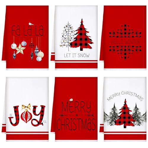 Geyoga 6 Pcs Merry Christmas Kitchen Towels Buffalo Plaid Xmas Tree Dish Towels Hand Towel Tea Towel Absorbent Soft Drying Cloth for Holiday Housewarming Gifts, 16×24 Inch(Gray White) - Image 5