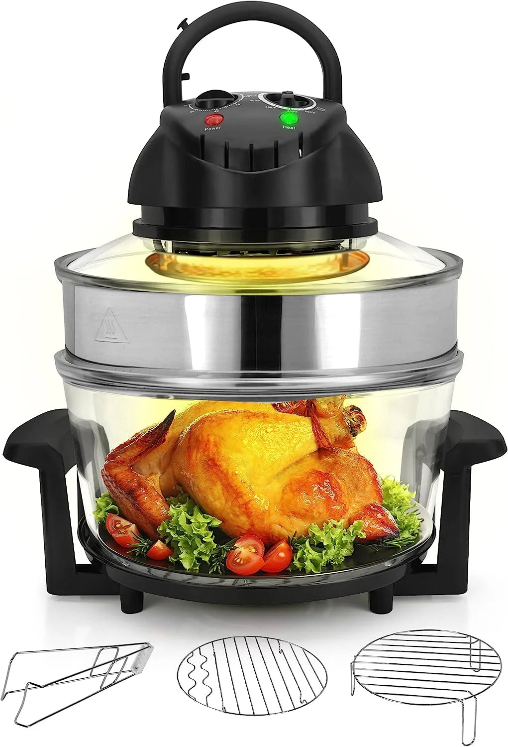 18 Quart Convection Countertop Air Fryer – See through Glass for Best Cooking Results – Air Fryer, Roaster, Bake, Grill, Steam & Roast – Includes Glass Bowl, Broil Rack & Toasting Rack