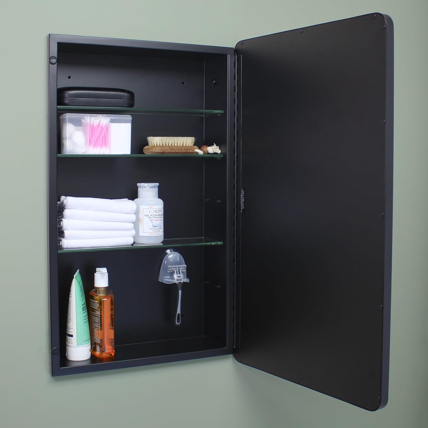 16×20 Austin Farmhouse Metal Framed Rounded Rectangle Recessed Bathroom Medicine Cabinet, Beveled Mirror, 14×18 in-Wall Opening, powder-coated Steel, Glass Shelves, Magnet Close, Brushed Nickel - Image 5